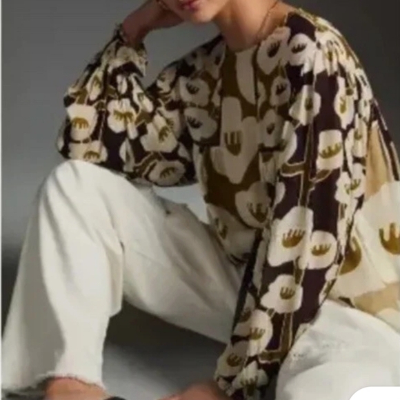 Anthropologie Bl^nk Miranda Peasant Blouse Brown Cream Small - Picture 2 of 13